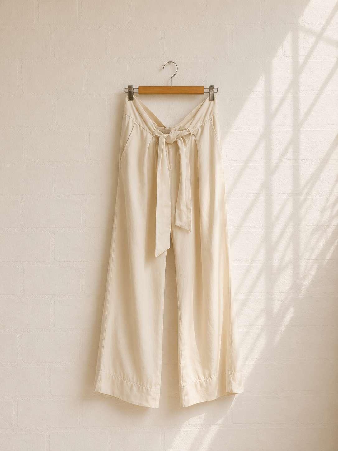 Vintage Silk Wide Leg Tie Waist Trousers | Cream | UK 12