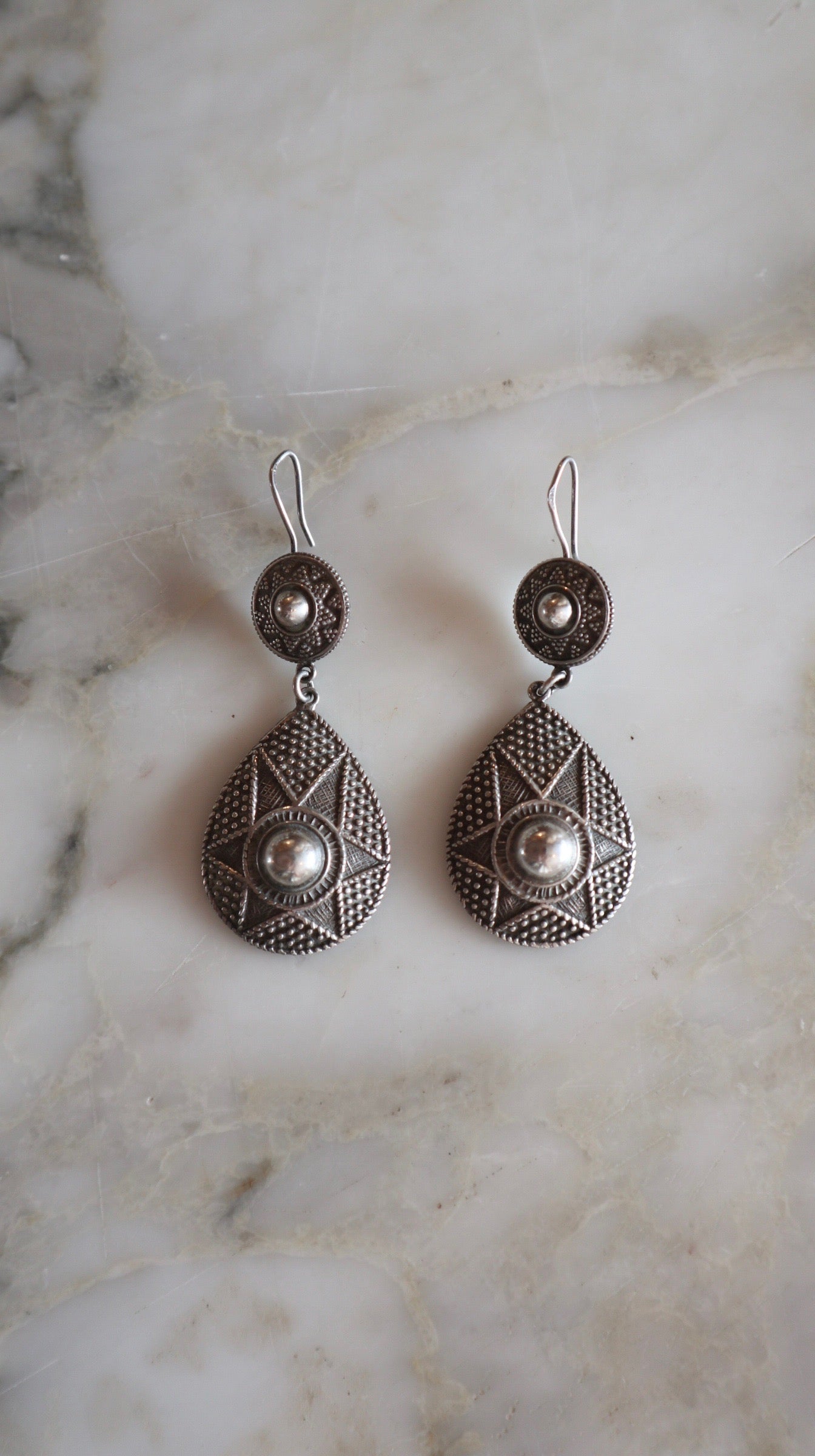 Vintage Silver Starburst Drop Earrings | 70s