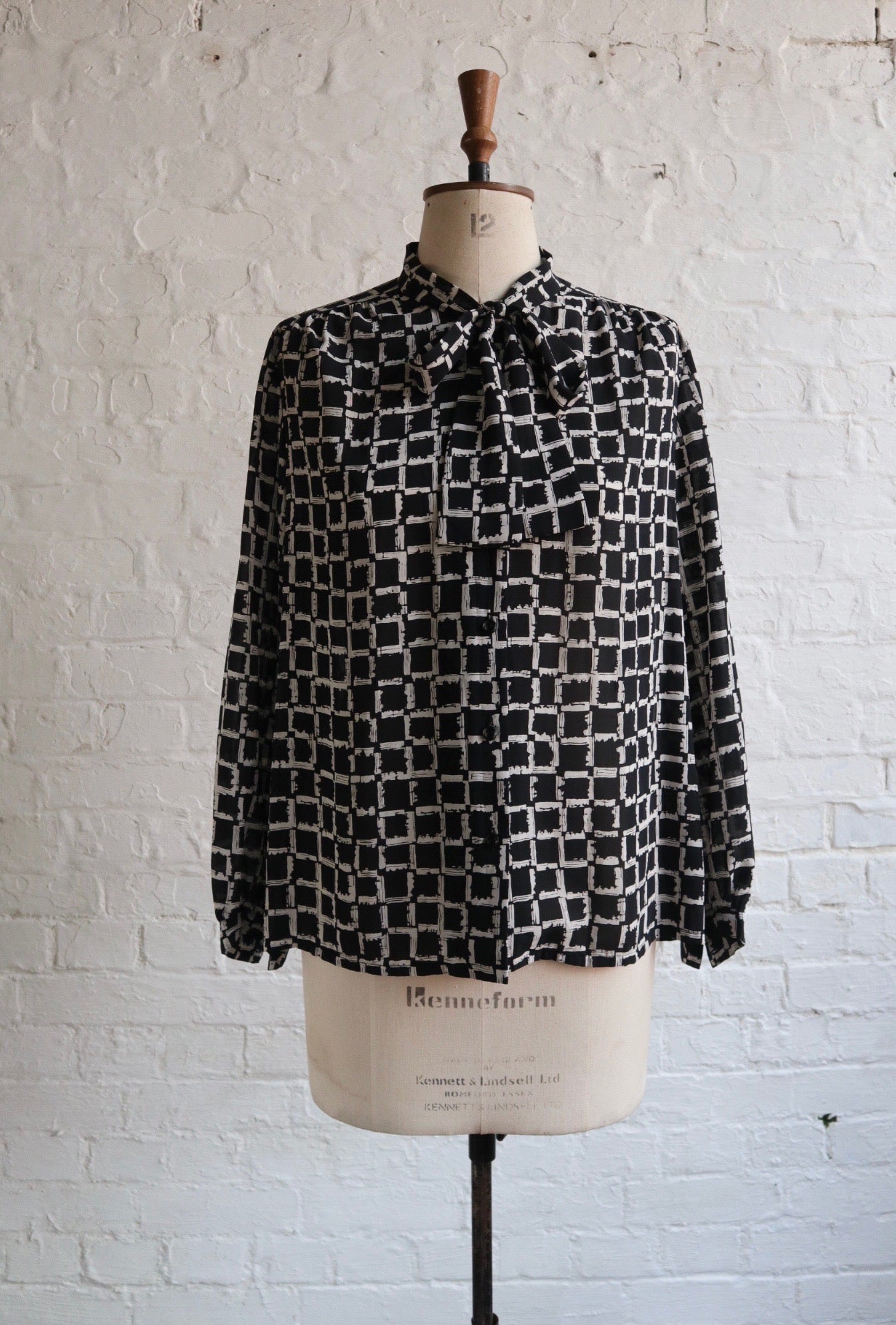 1980s Monochrome Tie-Neck Blouse