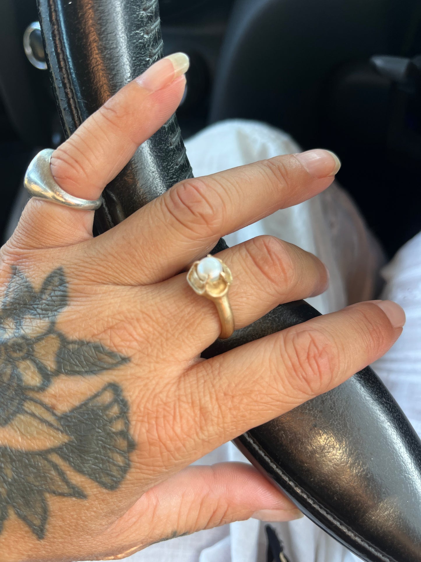 Natural Pearl On Bronze cast band.